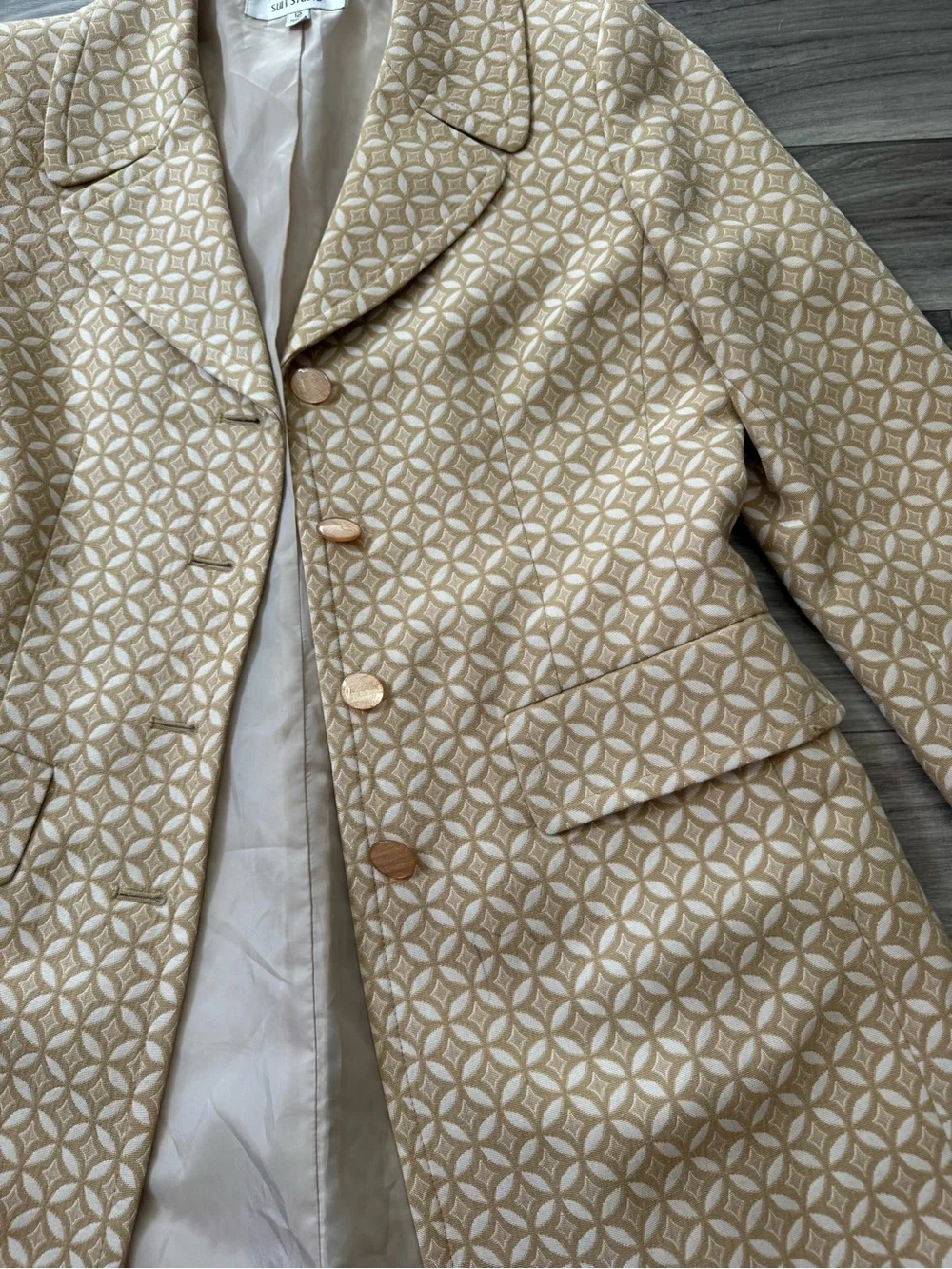 Vintage Suit Studio Geometric Print Notched Duster Blazer Size 12 Old Money Mod